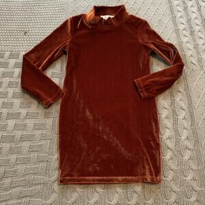 Velvet Long Sleeve Kids Dress - Rust